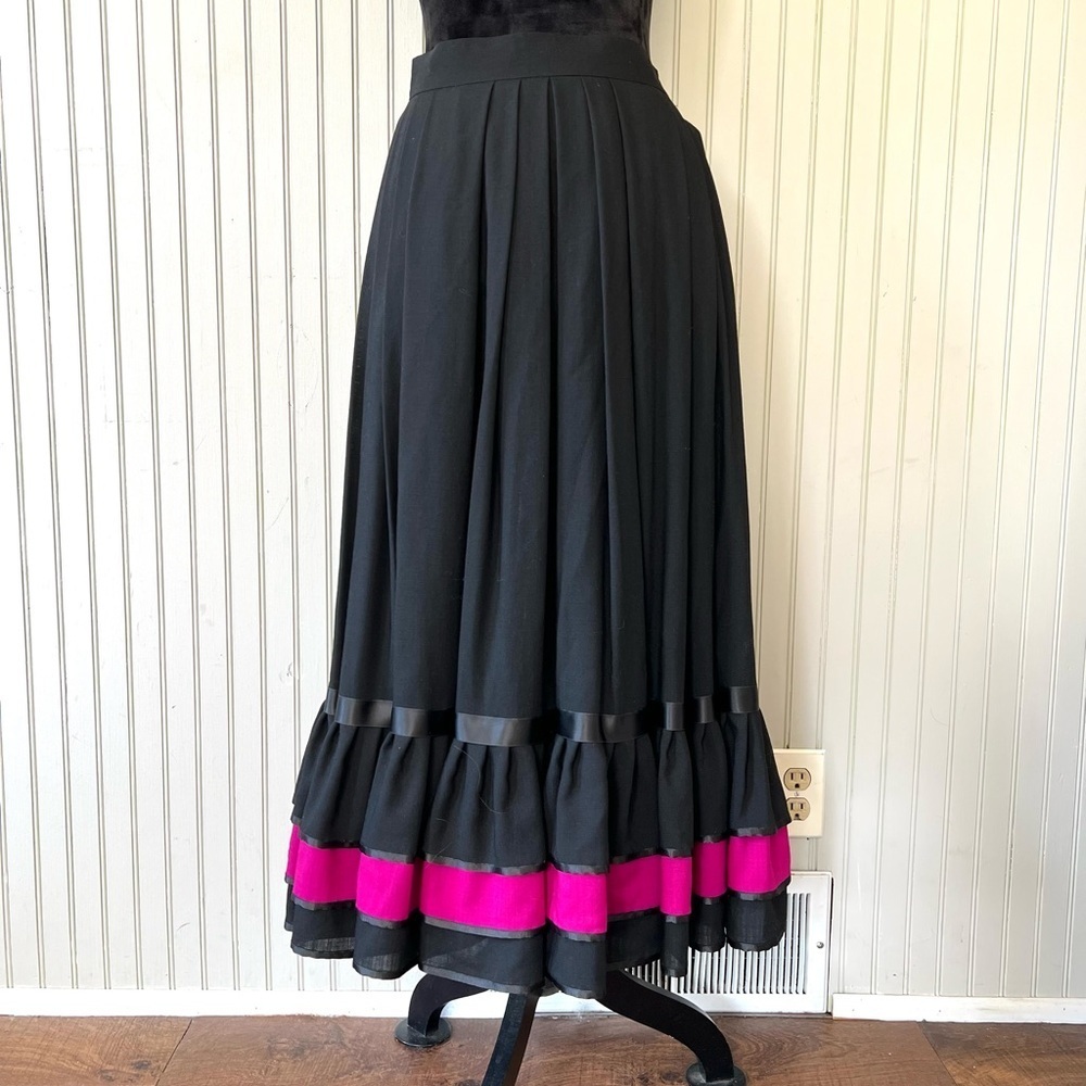 Helene Straber Vintage Full Circle Maxi Skirt with Ruffles Black and Pink
